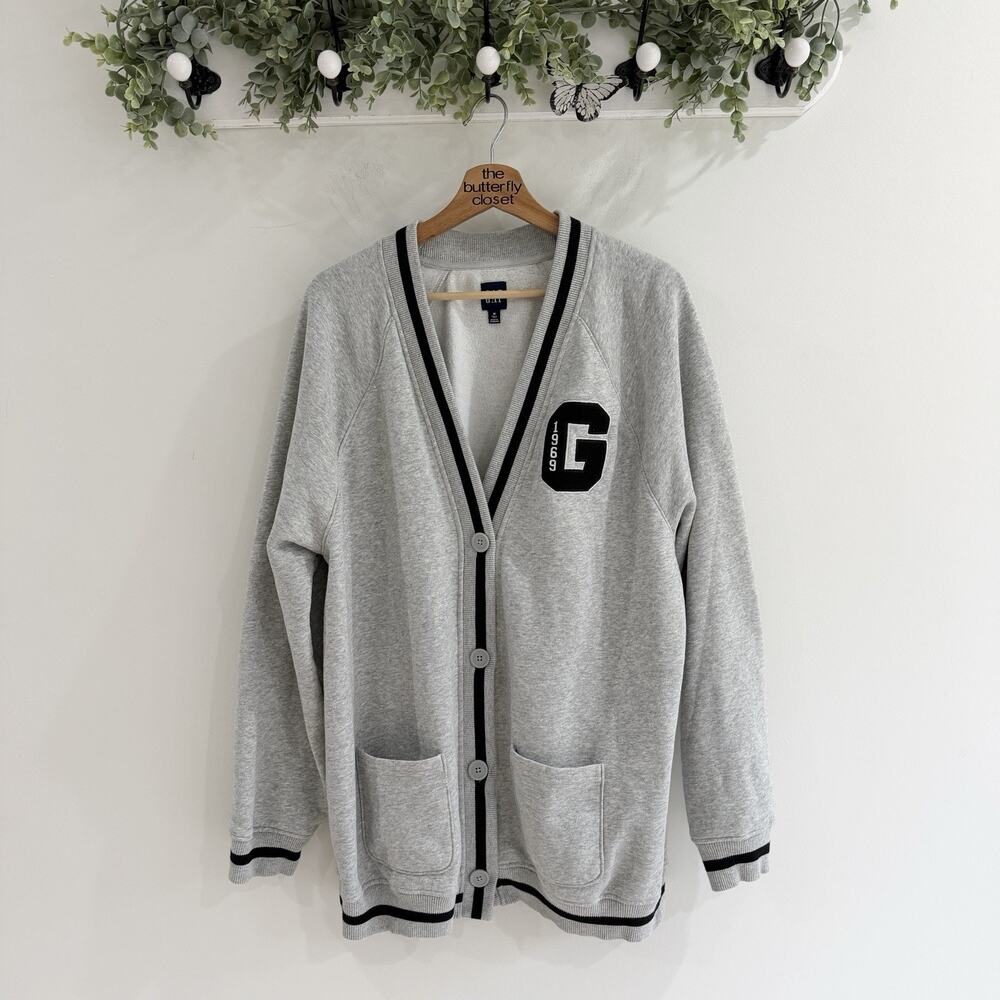 Gap Vintage Oversized Varsity Cardigan Women M Gray Collegiate Preppy Patchwork